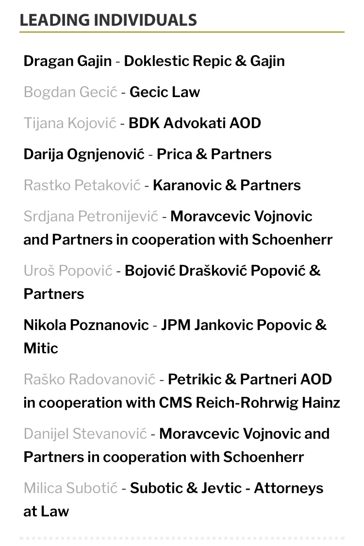 Doklestic Repic & Gajin in Legal 500 Rankings for Serbia