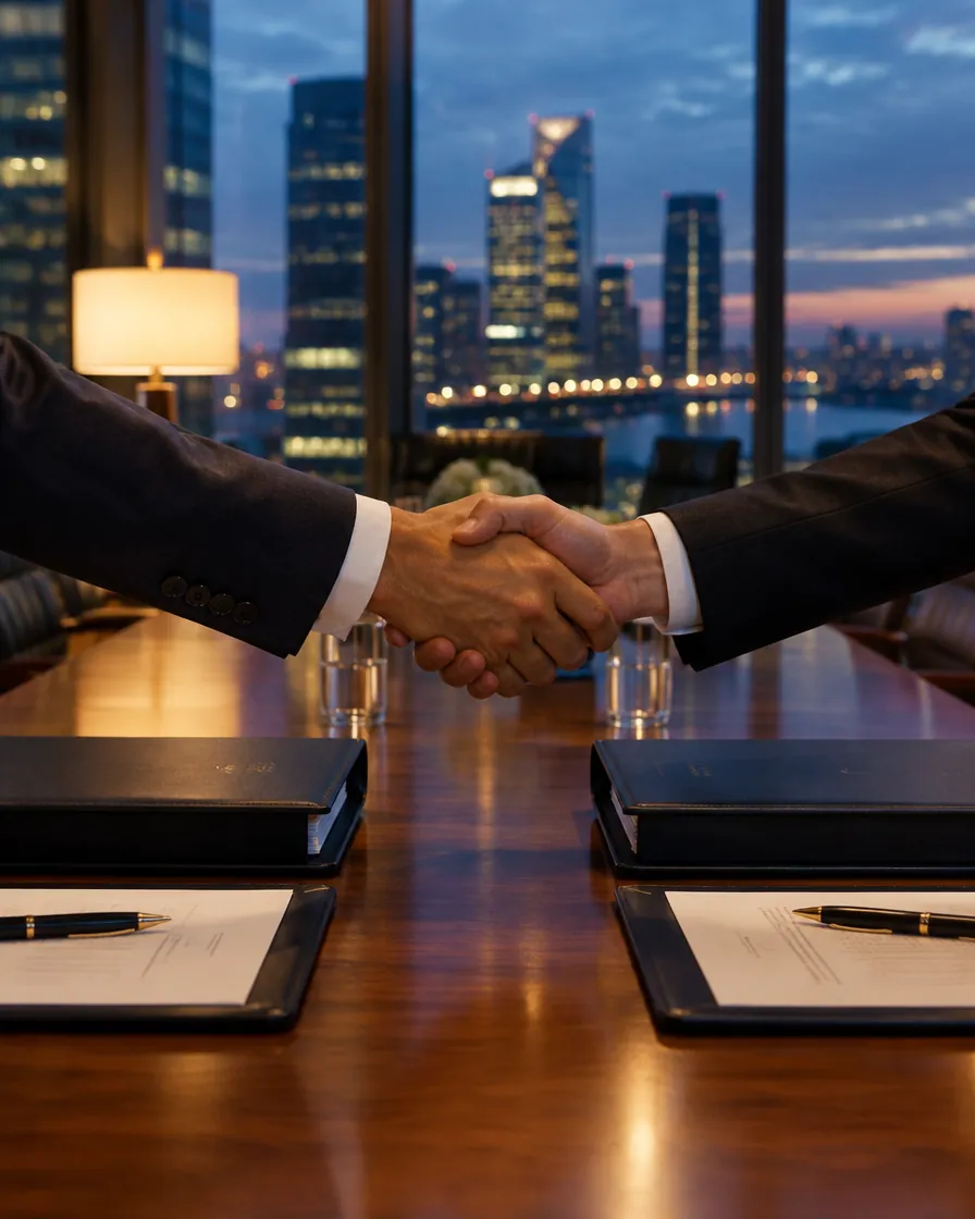 Handshake over signed transaction documents in a boardroom at dusk